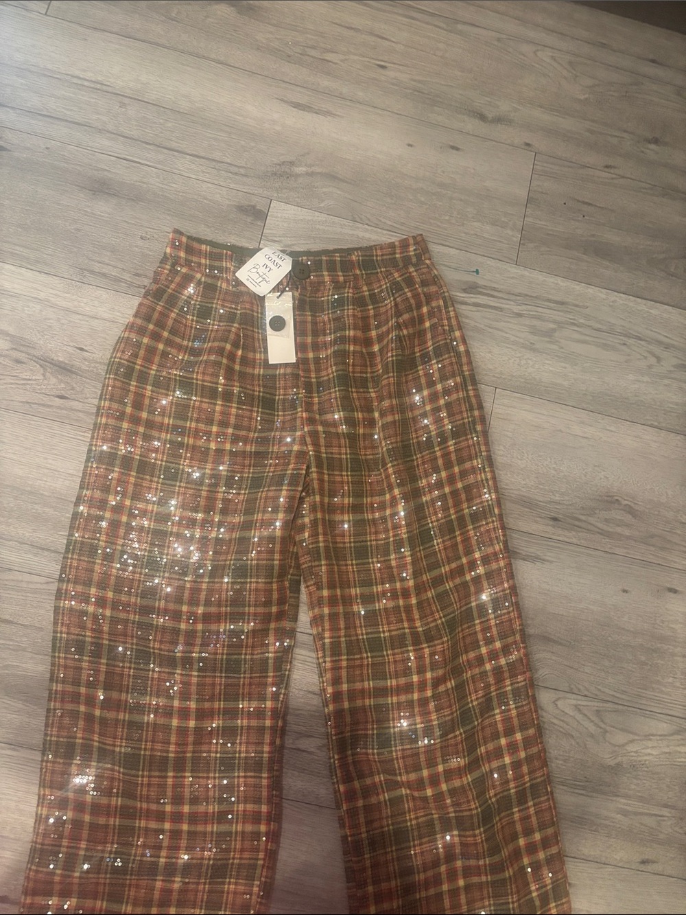 Plaid Sequin Wide-Leg Pants - Brown Plaid
